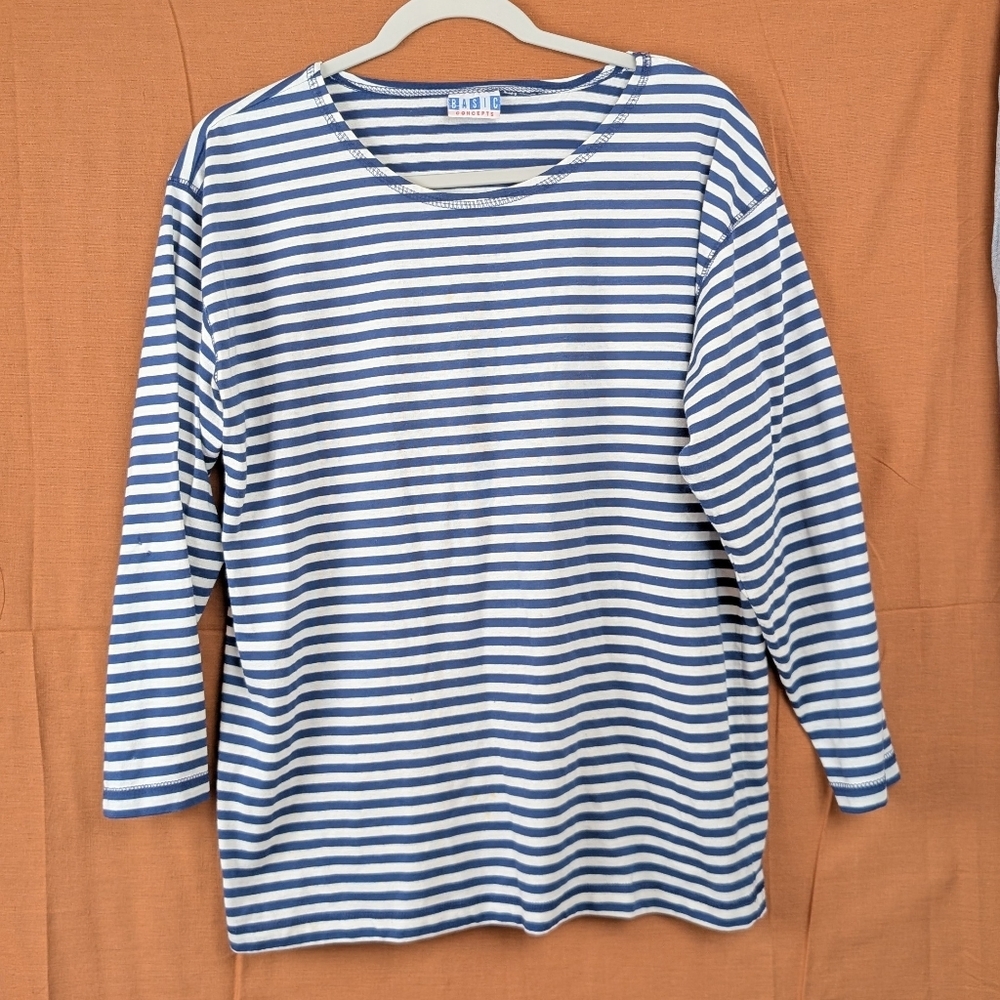 Basic Concepts Large Blue and White Striped Crew Neck Tee